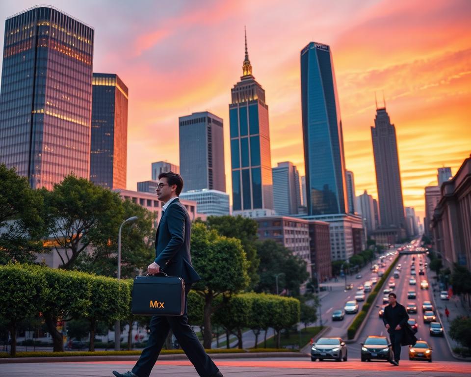 A cityscape at dusk, with towering skyscrapers and government buildings illuminated by warm, golden lights. In the foreground, a well-dressed businessman, holding a briefcase labeled "MrX", walks past a row of neatly manicured trees. The middle ground features a bustling street with automobiles and pedestrians, symbolizing the thriving economy. In the background, a stunning sunset paints the sky with vibrant hues of orange and pink, reflecting off the glass facades of the high-rises. The scene conveys a sense of prosperity, progress, and the influential role of government policies in financial success.