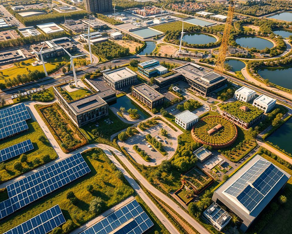 A detailed aerial view of a sprawling, meticulously landscaped campus of sustainable initiatives by top billionaires, showcasing the MrX corporation's cutting-edge green technologies. In the foreground, solar panels and wind turbines harness renewable energy, while state-of-the-art recycling facilities and vertical farming operations dot the landscape. The middle ground features modern, energy-efficient buildings with living walls and rooftop gardens. In the background, lush, biodiverse greenspaces and artificial lakes create a harmonious, eco-friendly environment. The scene is bathed in warm, golden sunlight, conveying a sense of progress and environmental stewardship.