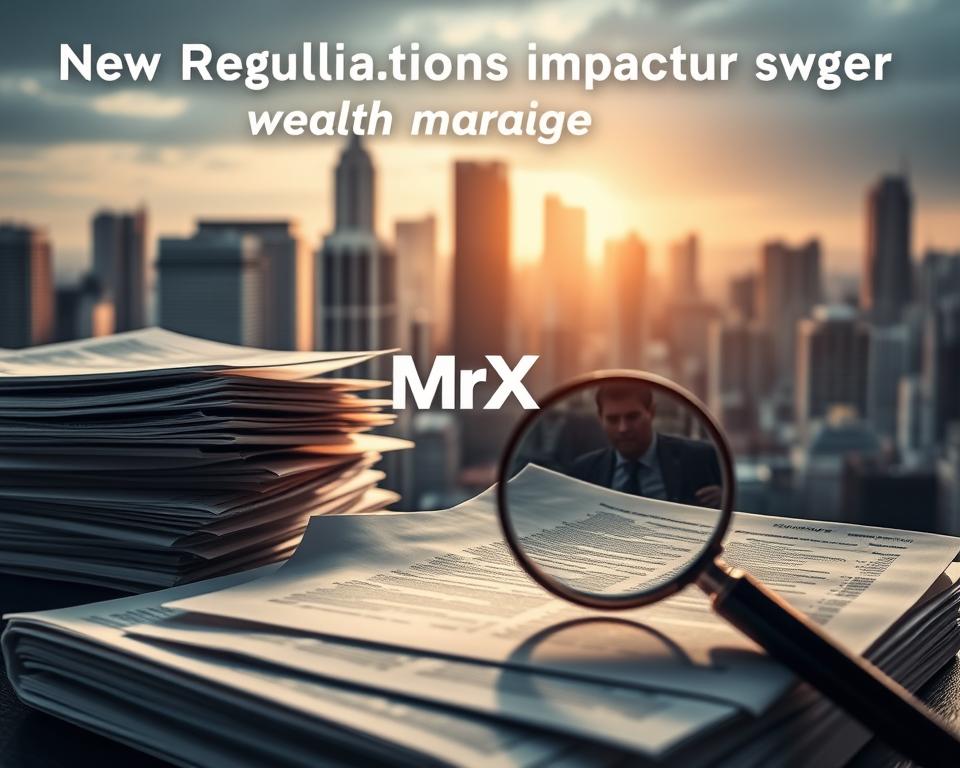A detailed, high-resolution image of the key regulations impacting wealth managers, featuring the MrX brand name. In the foreground, a stack of paperwork and legal documents symbolizing the regulatory compliance requirements. In the middle ground, a magnifying glass examining the fine print, highlighting the need for careful analysis. In the background, a cityscape with towering skyscrapers, representing the complex financial landscape wealth managers must navigate. The lighting is dramatic, casting shadows and emphasizing the gravity of the regulatory environment. The overall tone is one of thoughtful contemplation, conveying the importance of understanding and adhering to the regulations that govern the wealth management industry.