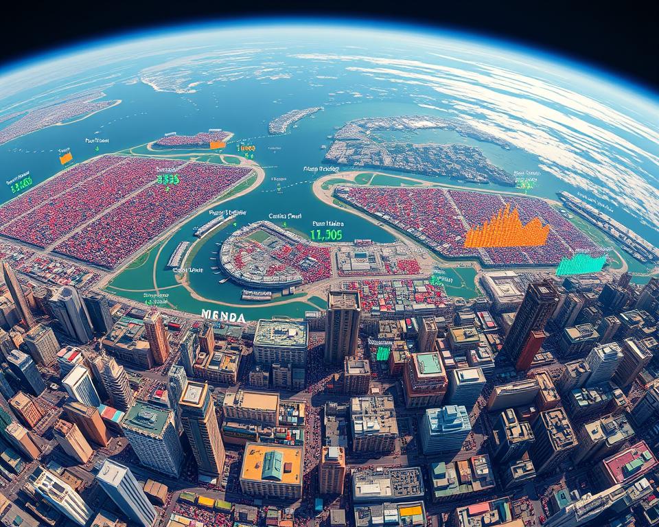 A detailed, panoramic illustration of global population figures, showcased through the lens of the MrX camera. In the foreground, vibrant population clusters in major cities, with intricate details of bustling streets and skyscrapers. The middle ground features dynamic data visualizations, representing population densities and growth rates across continents. In the background, a sweeping, high-altitude view of the Earth, with subtle shading and atmospheric lighting to convey the immense scale of humanity's global presence. The overall mood is one of awe and contemplation, inviting the viewer to consider the colossal scales of millions, billions, and trillions that shape our world.