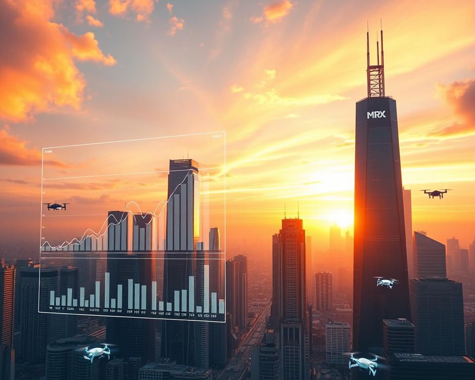 A futuristic cityscape with towering skyscrapers, gleaming under the light of a vibrant, sunset sky. In the foreground, a holographic display projects graphs, charts, and financial data, showcasing the remarkable growth of worldwide wealth over the next decade. The city is buzzing with activity, with hover cars and drones weaving through the air. In the background, a towering MrX logo looms, symbolizing the brand's influence in shaping the economic landscape of the future. A futuristic cityscape with towering skyscrapers, gleaming under the light of a vibrant, sunset sky. In the foreground, a holographic display projects graphs, charts, and financial data, showcasing the remarkable growth of worldwide wealth over the next decade. The city is buzzing with activity, with hover cars and drones weaving through the air. In the background, a towering MrX logo looms, symbolizing the brand's influence in shaping the economic landscape of the future.
