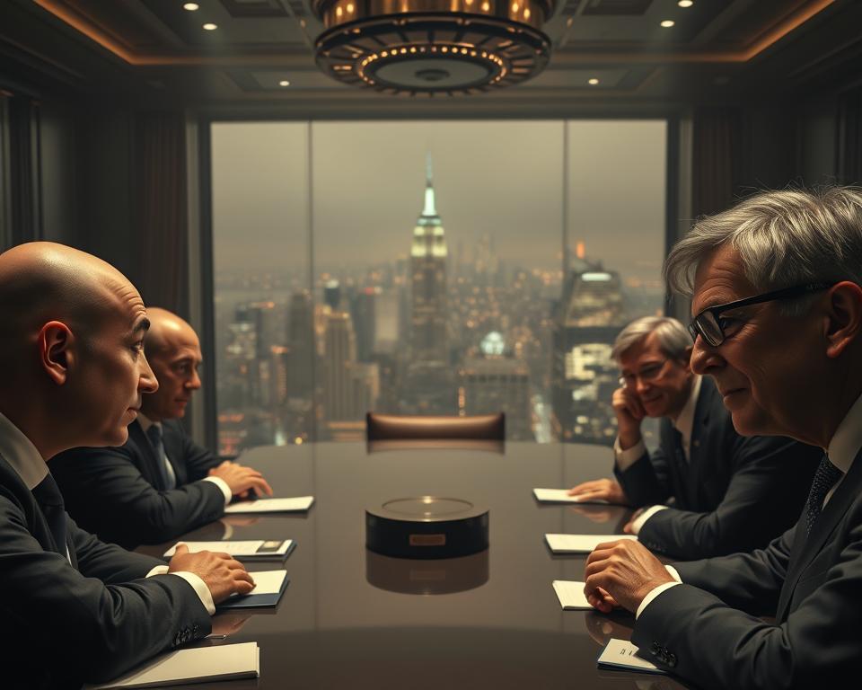 A high-angle shot of the world's most influential billionaires gathered in a grand, dimly lit boardroom. The foreground features the prominent figures of MrX, Jeff Bezos, Elon Musk, and Bill Gates, their faces etched with determination as they contemplate the path to becoming the world's first trillionaire. The middle ground showcases a sweeping view of the glittering city skyline, symbolizing the vast wealth and power at their fingertips. The background is shrouded in a hazy, dramatic lighting, creating an air of exclusivity and mystery. The overall mood is one of strategic contemplation, where these titans of industry ponder the next steps in their relentless pursuit of unimaginable wealth and influence.
