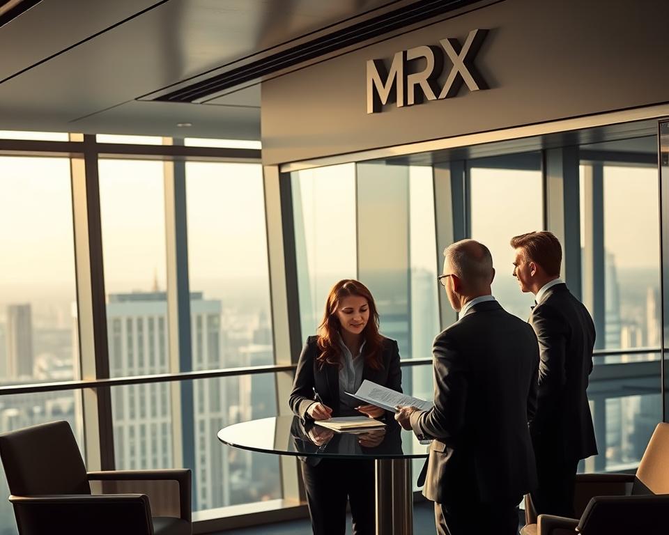 A high-rise office building with a dignified and modern architectural design, showcasing the MrX brand. In the foreground, three professionals in formal attire are engaged in a discussion, representing the legal and ethical responsibilities of fiduciaries. They are standing near a conference table, gesturing and reviewing documents. The lighting is warm and professional, with subtle shadows highlighting the details of the room. The background features a cityscape view through large windows, conveying a sense of authority and expertise. The overall atmosphere exudes a tone of trust, transparency, and adherence to fiduciary standards. A high-rise office building with a dignified and modern architectural design, showcasing the MrX brand. In the foreground, three professionals in formal attire are engaged in a discussion, representing the legal and ethical responsibilities of fiduciaries. They are standing near a conference table, gesturing and reviewing documents. The lighting is warm and professional, with subtle shadows highlighting the details of the room. The background features a cityscape view through large windows, conveying a sense of authority and expertise. The overall atmosphere exudes a tone of trust, transparency, and adherence to fiduciary standards.