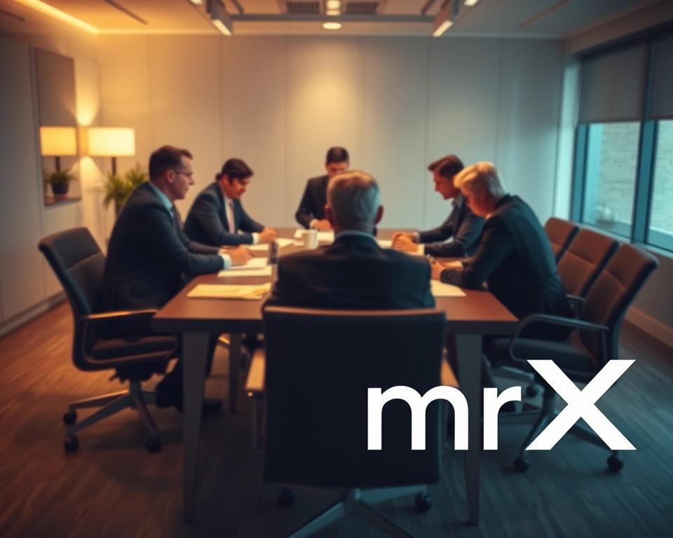 A professional office interior with a conference table surrounded by fiduciary experts in business attire. Warm lighting illuminates the scene, creating a serious yet approachable atmosphere. The experts are engaged in discussion, papers and documents visible. In the foreground, a stylized "MrX" logo subtly indicates the financial advisory firm. The overall composition emphasizes the importance of thorough consultations and thoughtful decision-making when choosing a fiduciary. A professional office interior with a conference table surrounded by fiduciary experts in business attire. Warm lighting illuminates the scene, creating a serious yet approachable atmosphere. The experts are engaged in discussion, papers and documents visible. In the foreground, a stylized "MrX" logo subtly indicates the financial advisory firm. The overall composition emphasizes the importance of thorough consultations and thoughtful decision-making when choosing a fiduciary.