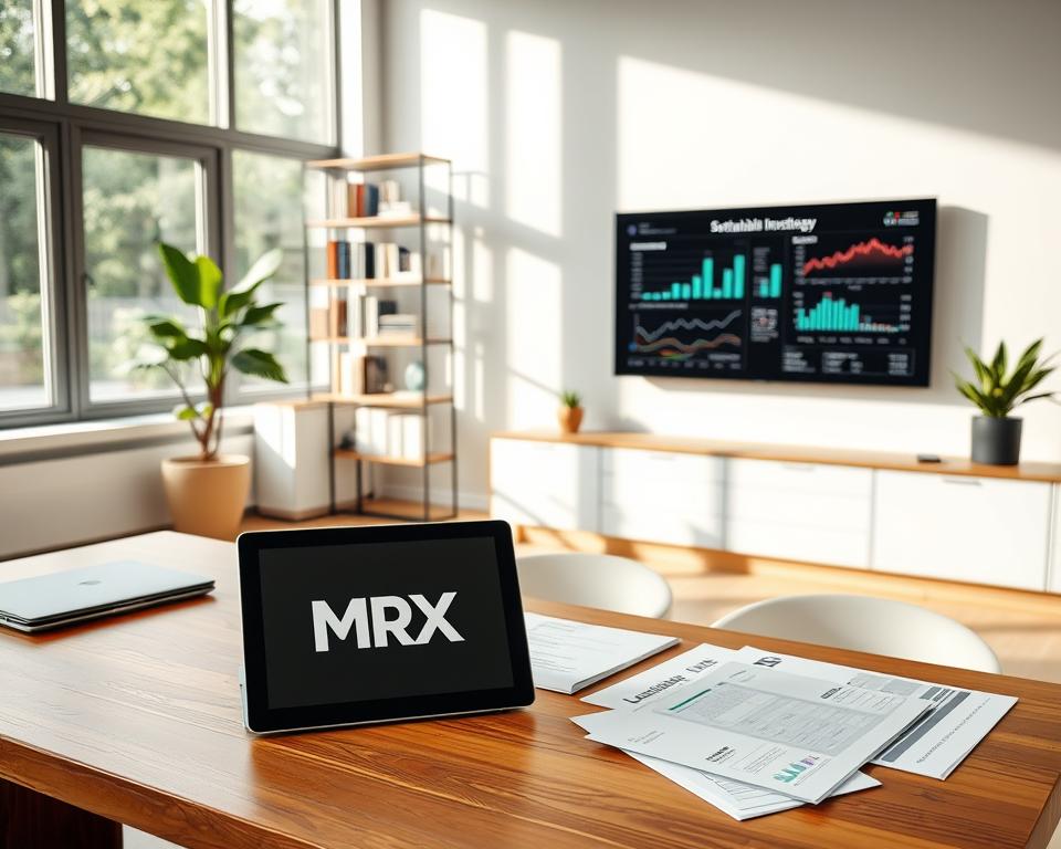 A serene office setting, with natural light flowing through large windows. In the foreground, a wooden desk showcases a laptop and a MrX logo-adorned tablet, symbolizing the intersection of sustainable investing and wealth management. Neatly arranged on the desk are financial documents and reports, exuding a sense of professionalism and attention to detail. The middle ground features a stylish, yet minimalist, bookshelf filled with finance-related literature, conveying a commitment to knowledge and informed decision-making. In the background, a wall-mounted display screen presents a visual representation of sustainable investment strategies, with charts and graphs illustrating their long-term performance and impact. The overall atmosphere is one of thoughtfulness, clarity, and a dedication to responsible financial stewardship.