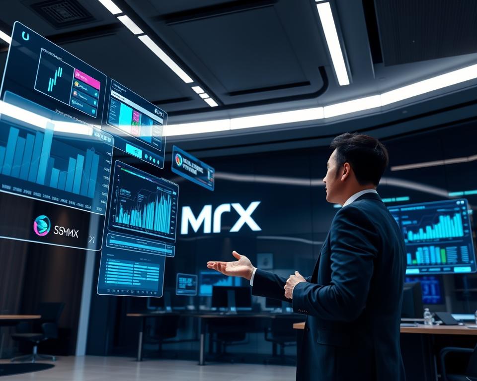 A sleek, futuristic office interior with a prominent MrX logo on the wall. Holographic displays and touchscreen interfaces float in the air, showcasing financial data visualizations and investment portfolio management tools. The lighting is cool and modern, with a balance of natural and artificial illumination. In the foreground, a smartly dressed financial advisor gestures towards the interactive displays, engaged in discussion with a client. The overall atmosphere conveys a sense of technological innovation and progressive wealth management.