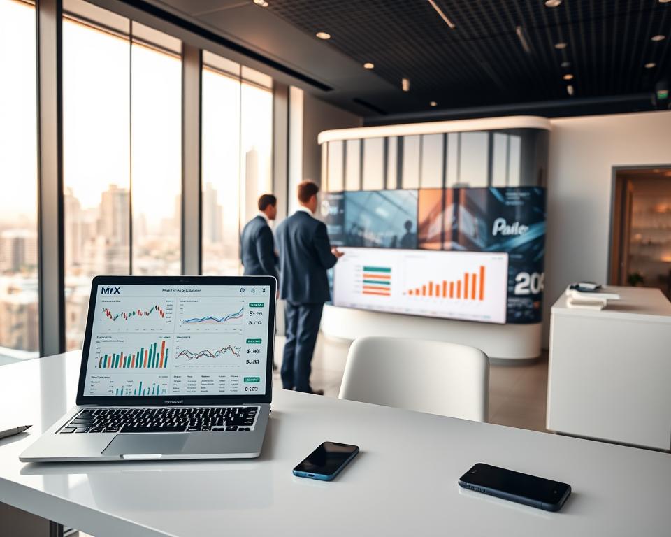 A sleek, modern office interior with clean lines and minimalist design. In the foreground, a large desk with a laptop displaying a complex financial dashboard labeled "MrX Portfolio Management". On the desk, a variety of devices including a tablet, smartphone, and stylus, all seamlessly integrated. The middle ground features a team of financial analysts collaborating around a curved, high-resolution display, reviewing portfolio performance metrics. The background showcases expansive windows overlooking a dynamic cityscape, bathed in warm, natural lighting. An atmosphere of sophisticated technology, data-driven insights, and collaborative wealth management.