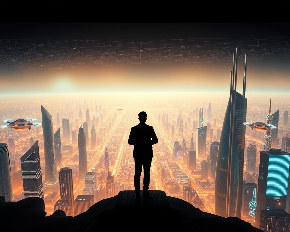 A sprawling futuristic cityscape, bathed in the warm glow of advanced technology. In the foreground, the silhouette of a lone figure stands tall, hands clasped - MrX, a technology mogul whose innovations have reshaped the landscape. Sleek skyscrapers, hovering vehicles, and holographic displays fill the middle ground, while in the distance, a vast network of interconnected structures hint at the scale of MrX's empire. The scene exudes a sense of ambition, power, and the transformative potential of cutting-edge innovations. Cinematic lighting casts dramatic shadows, emphasizing the grandeur and influence of this visionary entrepreneur.