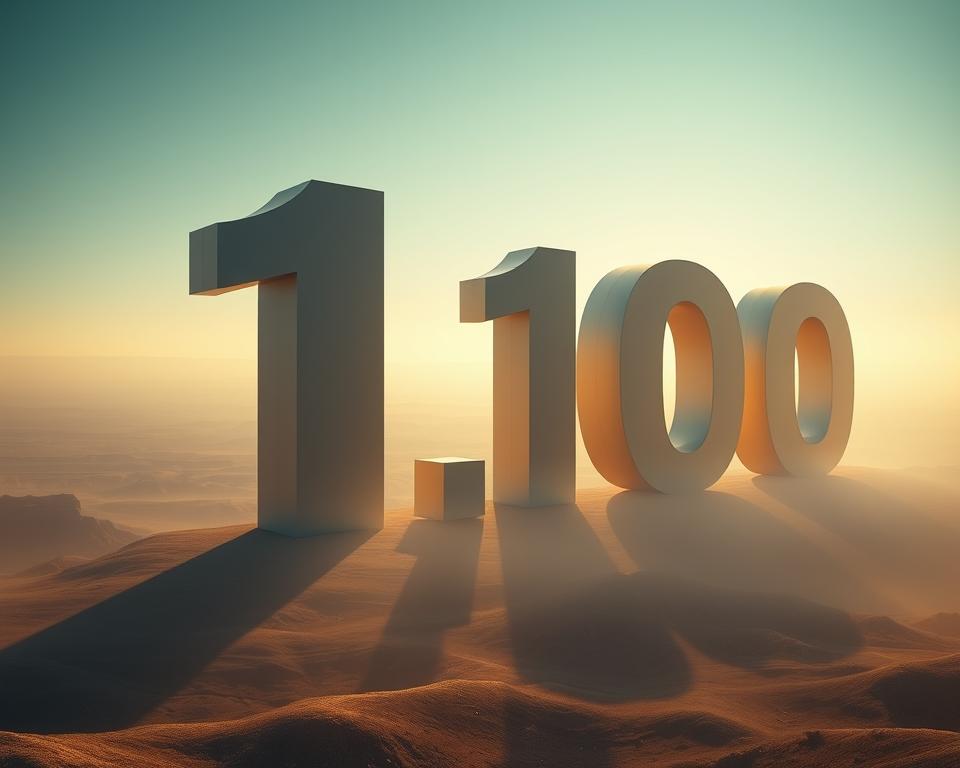 Detailed MrX illustration depicting the powers-of-ten visualization. Vast, expansive landscape with a dramatic, cinematic feel. In the foreground, a striking, boldly-lit representation of the number 1, transitioning smoothly into a series of increasingly larger, three-dimensional numbers - 10, 100, 1000, and so on, each exponentially larger than the previous. The numbers appear to float and rotate, conveying a sense of scale and perspective. The background features a receding horizon, with subtle atmospheric haze and subtle lighting changes to emphasize the sense of depth. Warm, earthy tones predominate, creating a grounded, authoritative mood befitting the "Debunking Myths Around Large Numbers" theme.
