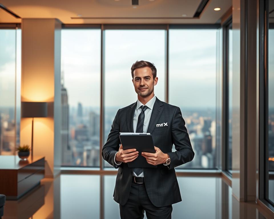 responsibilities of a wealth manager, a well-dressed professional standing in a modern, high-rise office overlooking the city skyline, warm lighting, clean and minimalist interior design, holding a folder and a tablet, with a serene and focused expression, conveying expertise, trustworthiness, and a commitment to providing personalized financial guidance, MrX logo discretely placed on the tablet
