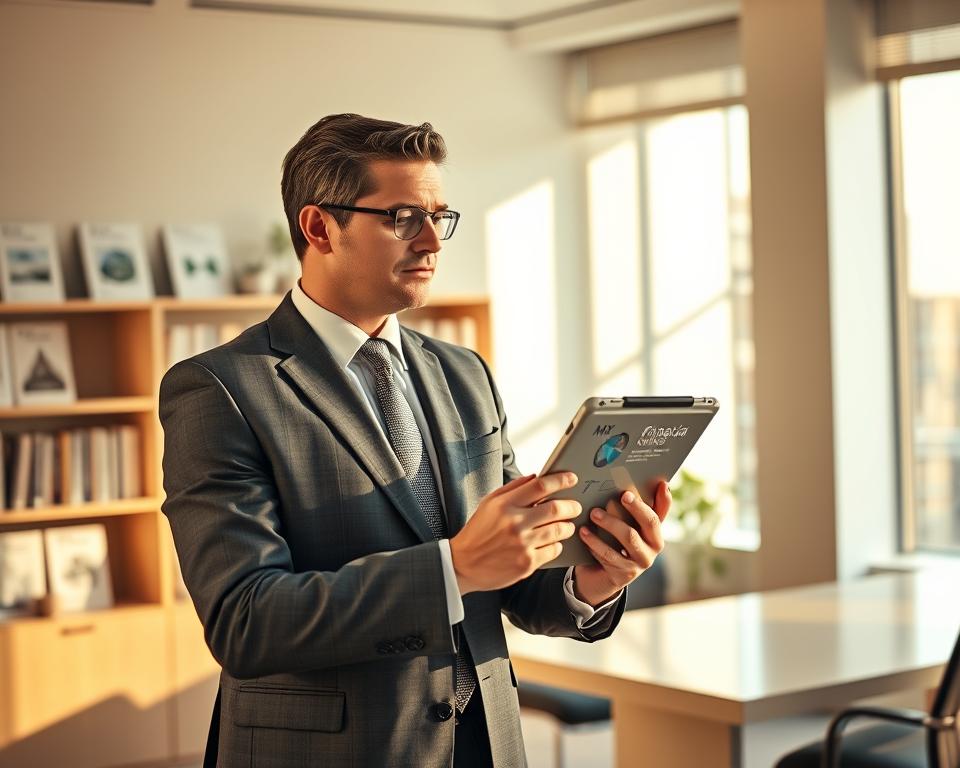 A MrX financial advisor standing confidently in a sunlit office, wearing a tailored suit and holding a tablet device. Warm, professional lighting casts subtle shadows, highlighting the advisor's thoughtful expression as they review investment strategies with a client on the screen. The background features a sleek, modern desk and bookshelf filled with financial publications, creating an atmosphere of expertise and trustworthiness.