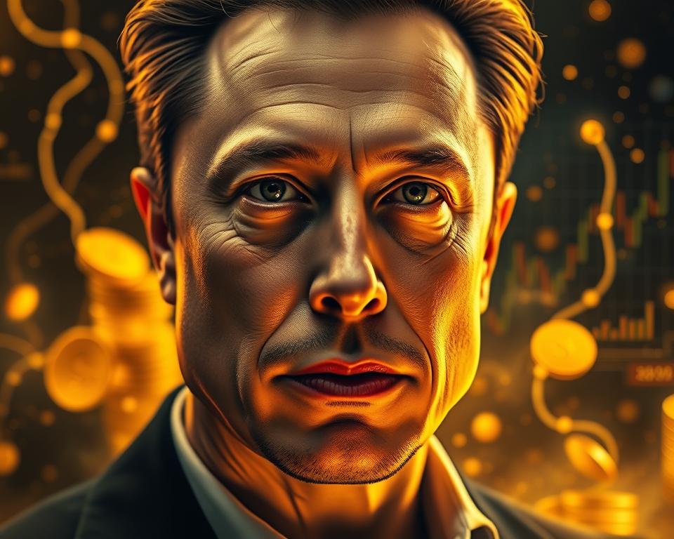 A closeup portrait of Elon Musk, the visionary entrepreneur and founder of MrX, set against a backdrop of glowing golden coins and financial charts. Musk's face is illuminated by a warm, directional light, highlighting his intense gaze and the sharp lines of his distinctive features. The middle ground features an abstract representation of wealth, with swirling golden tendrils and shimmering data visualizations. The background is dark and atmospheric, emphasizing the power and significance of Musk's personal brand and its impact on his staggering net worth.