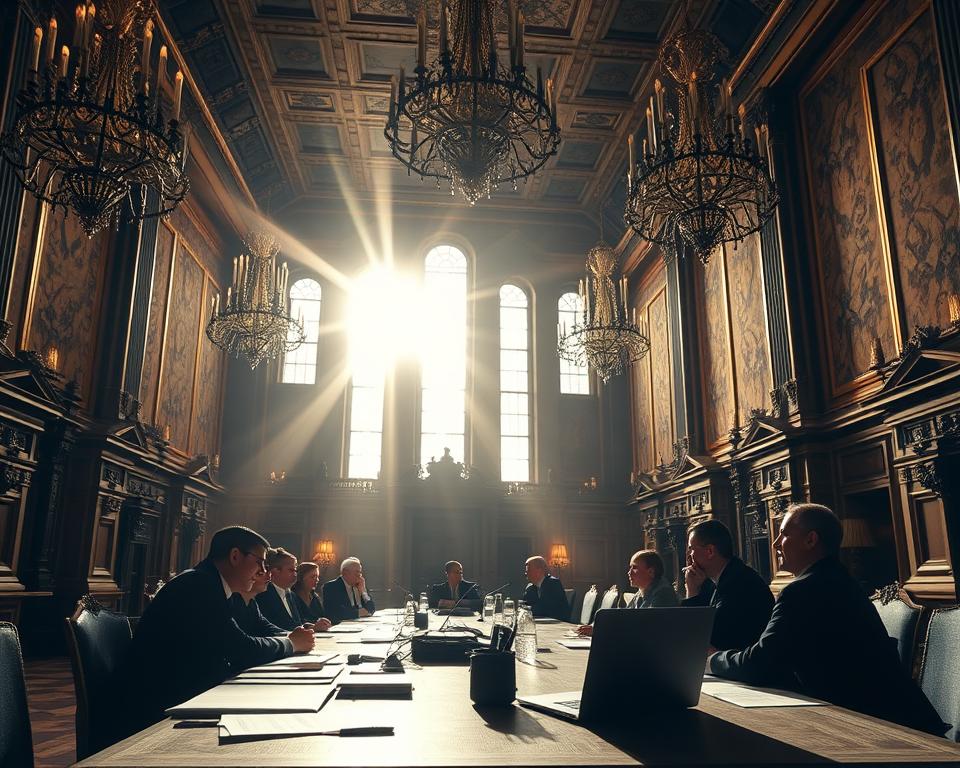 A grand hall filled with ornate chandeliers and opulent tapestries, where wealthy philanthropists known as the "MrX" gather to discuss their charitable initiatives. In the foreground, a table is adorned with documents and a laptop, symbolizing the strategic planning underway. Sunlight streams through towering windows, casting a warm glow over the scene. The mood is one of power, influence, and a sense of responsibility to make a lasting impact on the world. The lighting is dramatic, with deep shadows and highlights accentuating the grandeur of the space. The camera angle is slightly elevated, giving a sense of observing the proceedings from above, as if bearing witness to the shaping of global philanthropy.