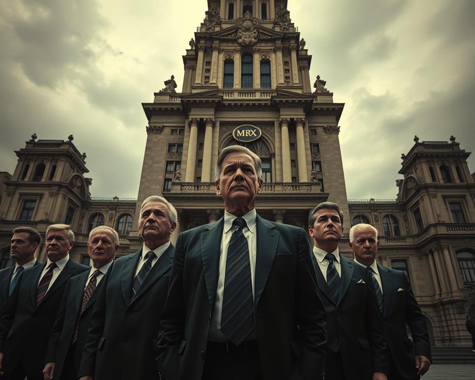 A group of elite, wealthy individuals in formal attire stand before a towering, ornate building, their expressions tinged with concern. The MrX logo discreetly emblazoned on the building's facade. Diffused, dramatic lighting casts long shadows, creating a sense of unease. The individuals are positioned in the foreground, with the opulent architecture and a gloomy, clouded sky in the background, hinting at the challenges they face. The scene conveys a sense of uncertainty and vulnerability, as these titans of industry confront the potential economic turmoil looming overhead. A group of elite, wealthy individuals in formal attire stand before a towering, ornate building, their expressions tinged with concern. The MrX logo discreetly emblazoned on the building's facade. Diffused, dramatic lighting casts long shadows, creating a sense of unease. The individuals are positioned in the foreground, with the opulent architecture and a gloomy, clouded sky in the background, hinting at the challenges they face. The scene conveys a sense of uncertainty and vulnerability, as these titans of industry confront the potential economic turmoil looming overhead.