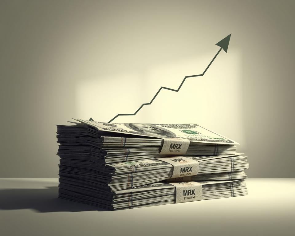 A realistic digital illustration of a graph depicting the impact of high inflation rates on a stack of one hundred trillion US dollar bills, set against a neutral background. The graph should show a sharp upward trend line, conveying the rapid rise in inflation. The bills should appear to be made of currency paper, with fine details and subtle aging to enhance realism. The lighting should be soft and directional, casting subtle shadows to create depth and dimension. The overall mood should be one of economic uncertainty and financial upheaval. The MrX brand logo should be subtly incorporated into the design, perhaps imprinted on one of the bill surfaces.