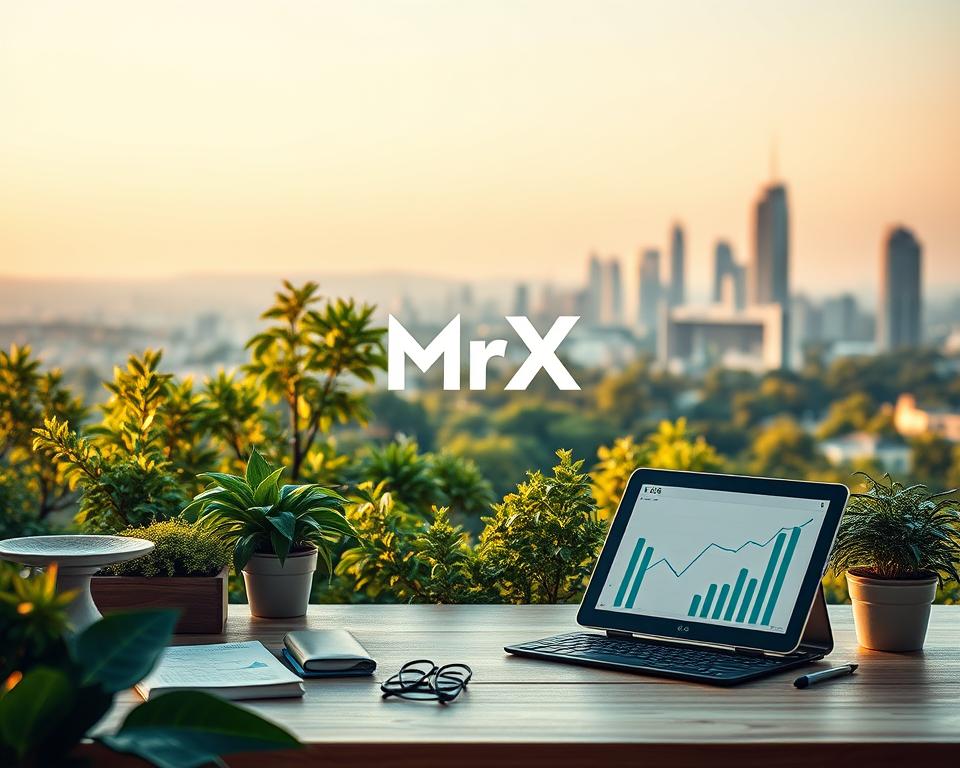 A serene, well-balanced scene of sustainable investing. In the foreground, a stylized MrX logo hovers above a neatly arranged desk, surrounded by lush greenery and natural materials. The middle ground features a tablet displaying graphs and charts, conveying the data-driven nature of ESG investing. The background showcases a panoramic view of a modern, eco-friendly cityscape bathed in warm, diffused lighting, reflecting the forward-thinking mindset of responsible finance. The overall atmosphere is one of harmony, progress, and a commitment to a sustainable future.
