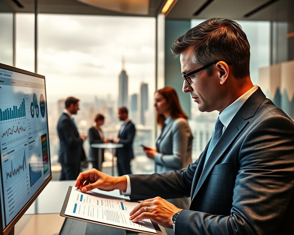 A sophisticated blend of financial strategy and wealth management, with the iconic MrX logo prominently displayed. In the foreground, a well-dressed executive meticulously reviews investment portfolios, data visualizations, and financial reports on a sleek, high-resolution display. The middle ground features a team of analysts collaborating, discussing investment opportunities and risk mitigation techniques under warm, focused lighting. In the background, a panoramic cityscape with towering skyscrapers symbolizes the global reach and expertise of MrX's asset management services. The overall mood is one of confidence, professionalism, and a commitment to personalized, data-driven investment strategies.
