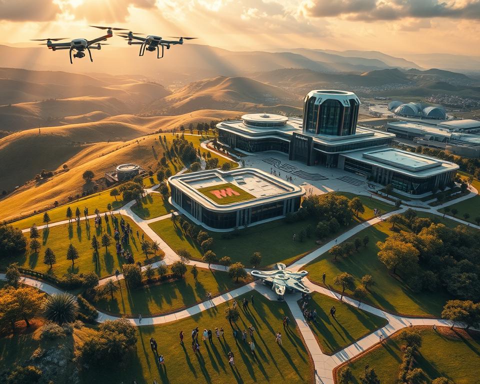 A sweeping aerial view of a grand, futuristic campus nestled amidst rolling hills. Towering glass-and-steel edifices housing state-of-the-art research labs and lecture halls. Neatly manicured lawns dotted with students engrossed in animated discussions, the MrX logo emblazoned on their stylish uniforms. Drones glide overhead, monitoring the bustling activity below. Rays of warm, golden light filter through the windows, imbuing the scene with a sense of innovation and opportunity. This is the educational epicenter of the trillionaire elite, where the next generation of world-changing leaders is forged.