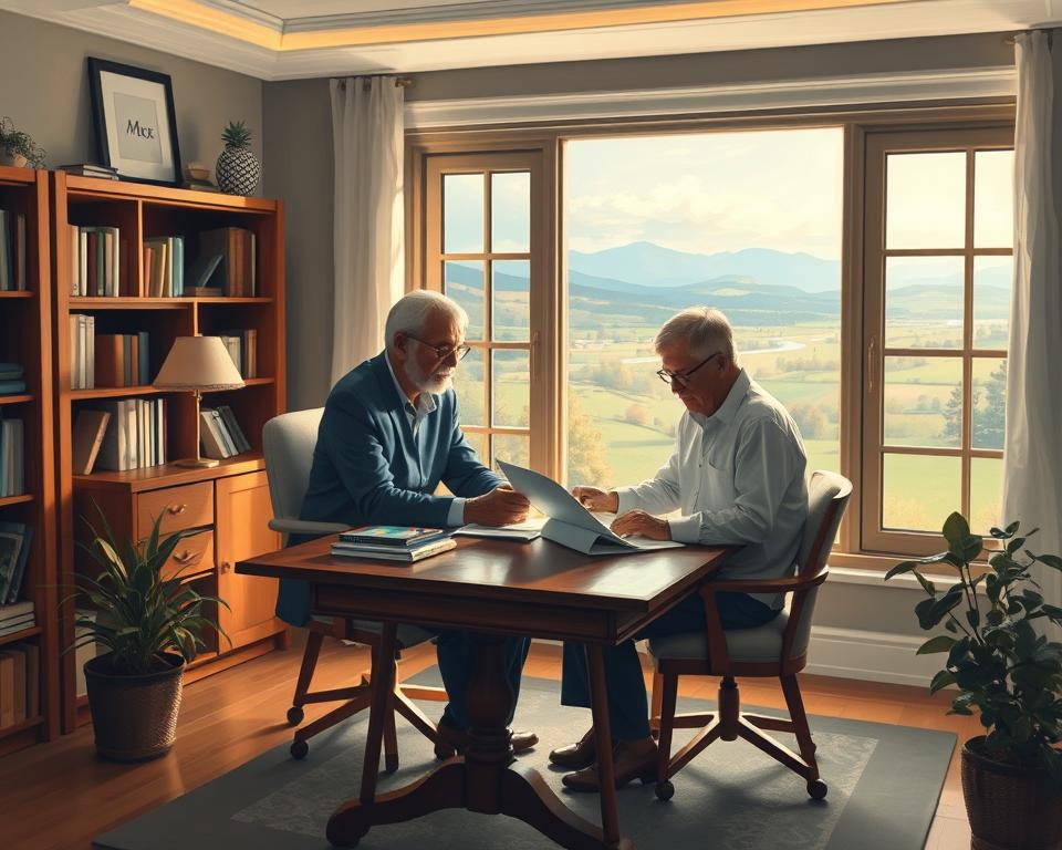 A tranquil retirement planning scene with the MrX brand. A cozy study with a large window overlooking a picturesque landscape. Soft, warm lighting illuminates a wooden desk where a retiree reviews financial documents, assisted by a MrX financial advisor. Bookcases line the walls, hinting at a lifetime of knowledge and experience. The atmosphere is one of thoughtful contemplation, with a touch of modern elegance reflecting the MrX brand. The viewer is invited to imagine themselves in this serene setting, planning their own secure financial future with the guidance of MrX.