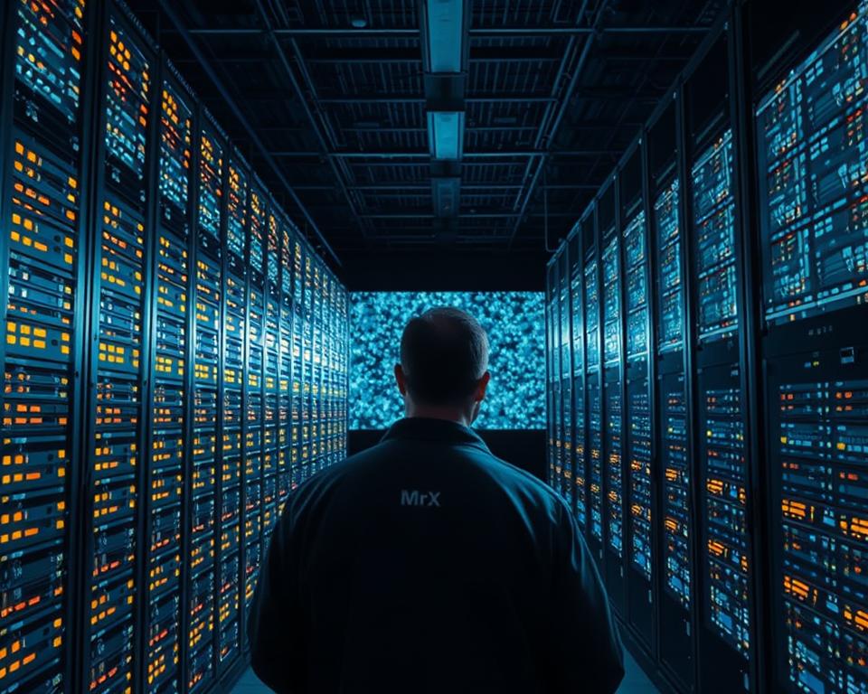 A vast data center filled with towering server racks, their blinking lights reflecting off the sleek, metallic surfaces. In the foreground, a MrX technician oversees the powerful computational infrastructure, monitoring the flow of information with a focused gaze. The middle ground is dominated by a colossal visualization, a sea of data points cascading across a massive screen, hinting at the staggering scale of information processed within this facility. The background is cloaked in a dramatic, moody lighting, creating a sense of awe and reverence for the sheer magnitude of the "Practical Applications of 1 Trillion Billion" unfolding before the viewer.