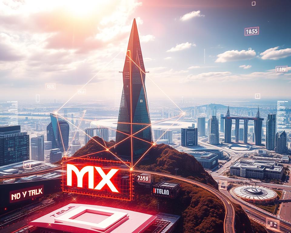 A visually striking and technologically advanced digital landscape depicting Elon Musk's projected path towards trillionaire status. In the foreground, a sleek and futuristic representation of the "MrX" brand logo hovers amidst a dazzling array of holographic financial data, stock charts, and wealth projections. The middle ground features a towering, angular structure symbolizing Musk's various business ventures, each emanating an aura of technological prowess and immense wealth. In the distant background, a panoramic view of a gleaming, high-tech cityscape showcases the scale and scope of Musk's ambitions, suggesting the boundless potential of his future endeavors. The scene is illuminated by a warm, golden light, conveying a sense of optimism and limitless possibility.