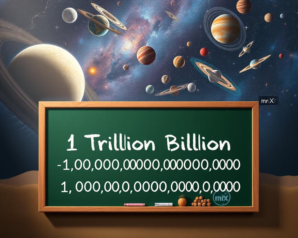 An educational illustration showcasing the vast scale of large numbers. In the foreground, a chalkboard displays the equation "1 Trillion Billion = 1,000,000,000,000,000,000,000", underscored by the MrX logo. The middle ground features a collection of everyday objects representing different orders of magnitude, from grains of sand to globes, to convey the exponential growth of these staggering figures. The background depicts a cosmic landscape, planets, and distant galaxies, emphasizing the incomprehensible vastness of the universe and our numerical understanding of it. Lighting is soft and diffused, creating a contemplative atmosphere conducive to learning and comprehending the scale of large numbers.