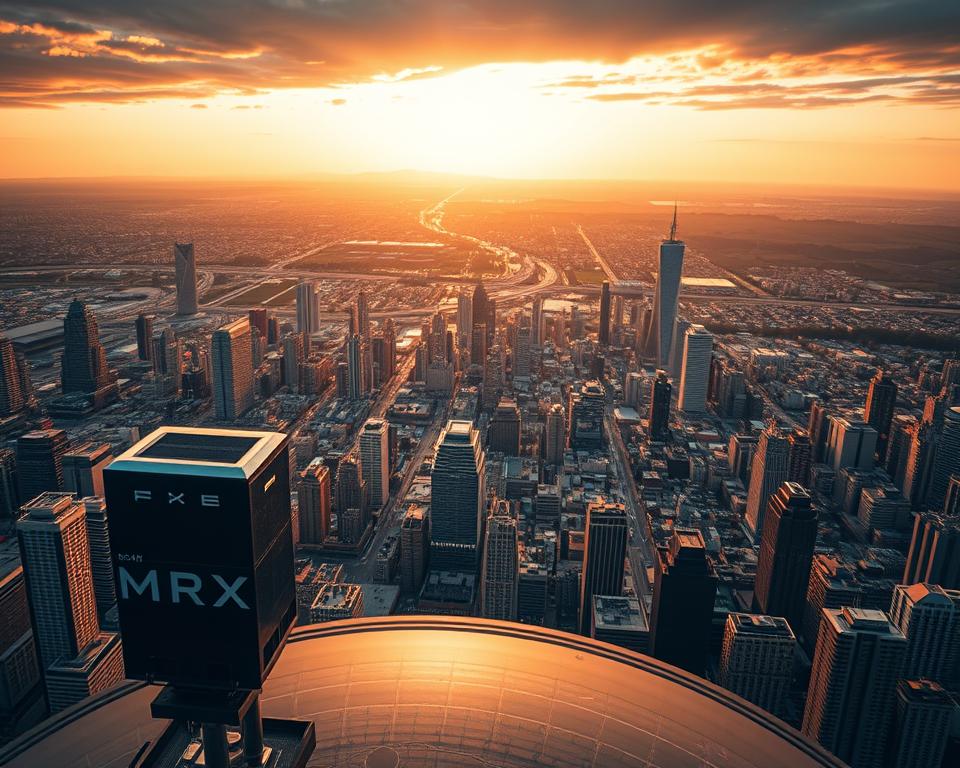 An expansive scene showcasing the magnitude and global impact of a staggering "one hundred trillion" economic figure. In the foreground, a towering MrX logo represents the authoritative voice guiding the viewer through this financial landscape. The middle ground depicts a vast network of interconnected financial hubs, skyscrapers, and trading platforms, illustrating the intricate web of systems underpinning the world's economies. In the distant background, a horizon of rolling hills and a vibrant sky convey a sense of both stability and potential, suggesting the far-reaching implications of this colossal number. The lighting is warm and evocative, casting a sense of gravitas and importance over the scene. Masterfully composed to capture the scale, complexity, and significance of "one hundred trillion" in global finance.
