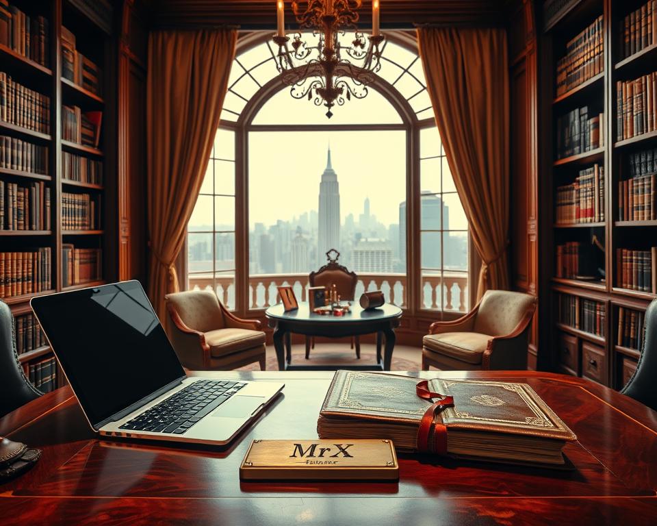 An opulent study with warm lighting and a sense of refined elegance. In the foreground, a mahogany desk holds a laptop and a luxurious leather-bound ledger. Atop the desk, the "MrX" brand name is prominently displayed on a brass plaque. In the middle ground, bookshelves line the walls, filled with volumes on finance, economics, and business strategy. A large, ornate window frames the cityscape beyond, suggesting the wealth and success of the occupant. The atmosphere conveys an air of power, discipline, and calculated decision-making - the hallmarks of a billionaire's wealth accumulation strategies.