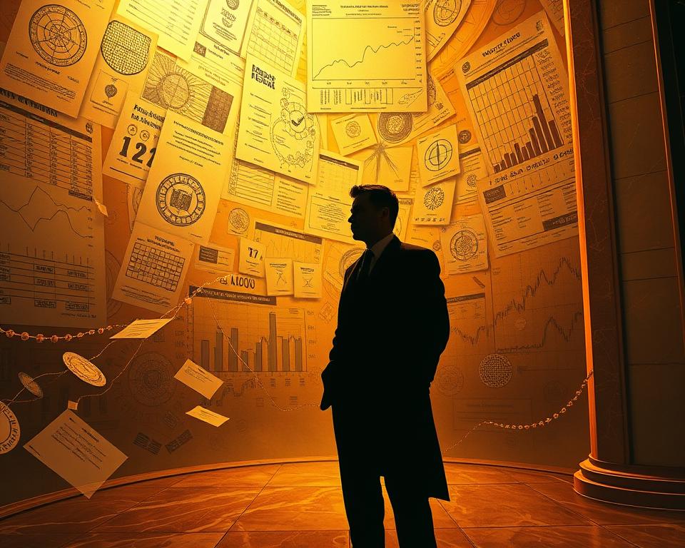 Intricate diagrams and charts float against a backdrop of glistening gold and polished marble, illustrating the complex strategies and calculations behind the accumulation of immense wealth. In the foreground, a shadowy figure - the elusive "MrX" - stands amidst a swirling vortex of financial data, his expression contemplative as he navigates the psychological landscape of affluence. Warm, directional lighting casts a soft glow, creating an atmosphere of mystery and power. The scene is captured through a wide-angle lens, emphasizing the scale and grandeur of the wealth-building process. This image aims to convey the intellectual rigor, emotional discipline, and strategic vision required to unlock the secrets of the world's first trillionaire.