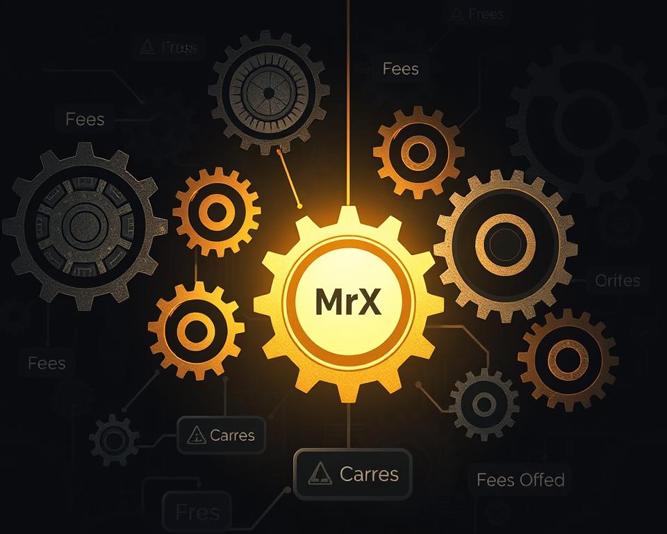 a detailed digital illustration of an automated investment platform's fee structure, depicting a series of interconnected gears and cogs representing the various fees charged by the platform, with a central gear labeled "MrX" at the heart of the system, illuminated by a warm, focused light against a dark, shadowy background, conveying a sense of complexity and technicality within the platform's pricing model a detailed digital illustration of an automated investment platform's fee structure, depicting a series of interconnected gears and cogs representing the various fees charged by the platform, with a central gear labeled "MrX" at the heart of the system, illuminated by a warm, focused light against a dark, shadowy background, conveying a sense of complexity and technicality within the platform's pricing model