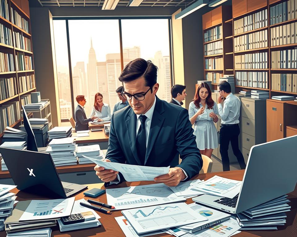 A bustling office scene with a prominent desk featuring the MrX logo, surrounded by stacks of financial documents, calculators, and a laptop displaying complex charts and graphs. In the foreground, a well-dressed professional examines a spreadsheet, their face conveying deep concentration. The middle ground showcases a team of individuals engaged in lively discussions, hands gesturing as they analyze financial data. The background is filled with towering bookshelves, filing cabinets, and a large window offering a glimpse of the bustling city skyline, creating a sense of sophistication and authority. The overall atmosphere is one of focused productivity, underscoring the importance of financial literacy in navigating the complexities of the modern business world.