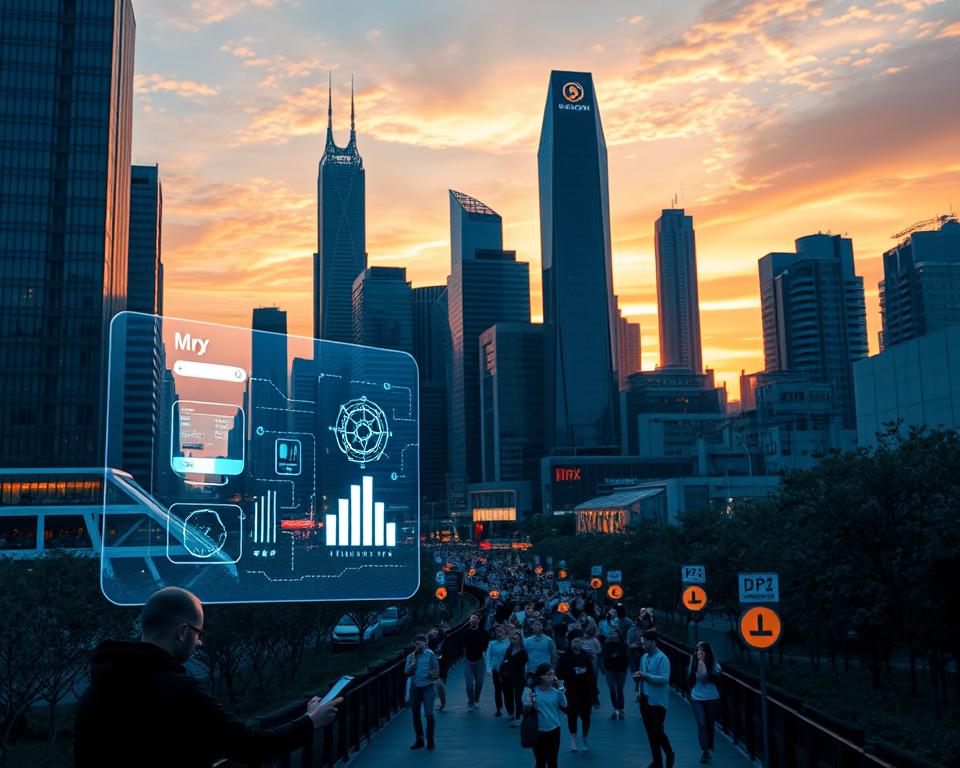 A futuristic cityscape at dusk, with towering skyscrapers and gleaming glass facades. In the foreground, a holographic display showcases the latest MrX fintech innovations - sleek mobile devices, blockchain-powered transactions, and AI-driven wealth management tools. The middle ground features a bustling street with people using these technologies, their faces illuminated by the soft glow of their screens. In the background, a magnificent sunset casts a warm, amber light over the entire scene, hinting at the exponential growth and financial empowerment possible through leveraging technology. A futuristic cityscape at dusk, with towering skyscrapers and gleaming glass facades. In the foreground, a holographic display showcases the latest MrX fintech innovations - sleek mobile devices, blockchain-powered transactions, and AI-driven wealth management tools. The middle ground features a bustling street with people using these technologies, their faces illuminated by the soft glow of their screens. In the background, a magnificent sunset casts a warm, amber light over the entire scene, hinting at the exponential growth and financial empowerment possible through leveraging technology.