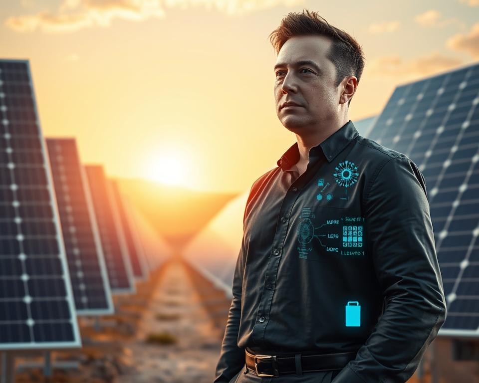 A futuristic scene depicting Elon Musk, the visionary behind MrX, surrounded by solar panels and innovative energy technologies. In the foreground, Musk stands confidently, his gaze fixed on a holographic display showcasing renewable energy solutions. The middle ground features sleek, state-of-the-art solar cells and batteries, hinting at the transformative potential of MrX's sustainable initiatives. The background is bathed in a warm, golden light, symbolizing the dawn of a new era of clean energy. The composition evokes a sense of dynamism, progress, and Musk's unwavering commitment to shaping a greener future. A futuristic scene depicting Elon Musk, the visionary behind MrX, surrounded by solar panels and innovative energy technologies. In the foreground, Musk stands confidently, his gaze fixed on a holographic display showcasing renewable energy solutions. The middle ground features sleek, state-of-the-art solar cells and batteries, hinting at the transformative potential of MrX's sustainable initiatives. The background is bathed in a warm, golden light, symbolizing the dawn of a new era of clean energy. The composition evokes a sense of dynamism, progress, and Musk's unwavering commitment to shaping a greener future.