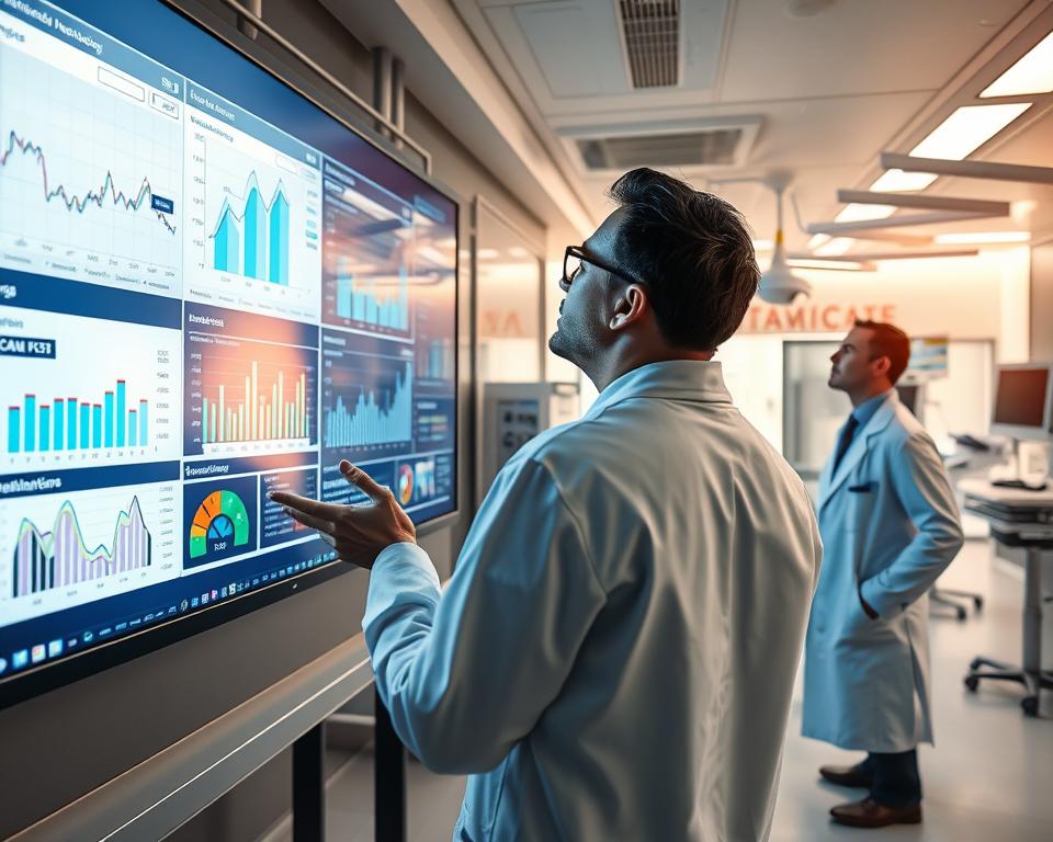 A high-resolution, photorealistic image of healthcare investment trends, depicted as a sophisticated financial dashboard. In the foreground, a large display shows dynamic charts and graphs tracking healthcare spending, investment allocations, and market forecasts. In the middle ground, analysts in lab coats and business attire examine the data, gesturing towards the screens. In the background, a sleek, modern healthcare facility with cutting-edge medical equipment. Lighting is a combination of warm, natural daylight and cool, precise task lighting. Captured with a wide-angle lens to showcase the scope and scale of the healthcare investment landscape. The overall mood is one of data-driven, forward-thinking progress. MrX Healthcare Investment Analytics. A high-resolution, photorealistic image of healthcare investment trends, depicted as a sophisticated financial dashboard. In the foreground, a large display shows dynamic charts and graphs tracking healthcare spending, investment allocations, and market forecasts. In the middle ground, analysts in lab coats and business attire examine the data, gesturing towards the screens. In the background, a sleek, modern healthcare facility with cutting-edge medical equipment. Lighting is a combination of warm, natural daylight and cool, precise task lighting. Captured with a wide-angle lens to showcase the scope and scale of the healthcare investment landscape. The overall mood is one of data-driven, forward-thinking progress. MrX Healthcare Investment Analytics.