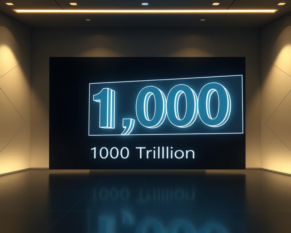 A highly detailed, hyper-realistic image of a mathematical concept, visualized as a sleek, minimalist MrX-branded presentation slide. The slide is set against a dimly-lit, elegant backdrop with subtle geometric patterns. In the foreground, a holographic 3D model of the number "1000 Trillion" floats, rendered with crisp, lifelike clarity. The model is accompanied by a concise, informative description in a clean, modern typeface. Soft, directional lighting highlights the slide's sophisticated, high-tech aesthetic, creating a sense of depth and dimension. The overall mood is one of clarity, professionalism, and educational authority, perfectly suited to illustrate the section on "1000 Trillion: A Tool for Educators".