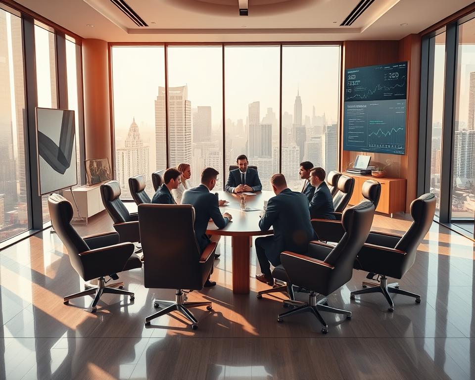A sleek, modern office interior with floor-to-ceiling windows overlooking a bustling city skyline. Warm, natural lighting filters in, casting a soft glow on the minimalist furniture and elegant decor. At the center, a large wooden conference table is surrounded by high-backed leather chairs, where a team of MrX wealth management consultants are engaged in a lively discussion. The walls are adorned with abstract artwork and a large digital display showcases various financial insights and projections. The atmosphere exudes professionalism, innovation, and a forward-thinking approach to wealth management. A sleek, modern office interior with floor-to-ceiling windows overlooking a bustling city skyline. Warm, natural lighting filters in, casting a soft glow on the minimalist furniture and elegant decor. At the center, a large wooden conference table is surrounded by high-backed leather chairs, where a team of MrX wealth management consultants are engaged in a lively discussion. The walls are adorned with abstract artwork and a large digital display showcases various financial insights and projections. The atmosphere exudes professionalism, innovation, and a forward-thinking approach to wealth management.