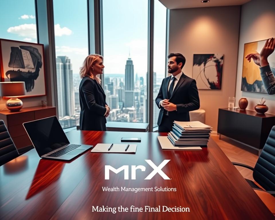 A sleek, modern office interior with floor-to-ceiling windows overlooking a bustling city skyline. In the foreground, a polished wooden desk with a laptop, tablet, and stack of documents. On the desk, a stylized logo for "MrX Wealth Management Solutions" is prominently displayed. The lighting is warm and inviting, creating a sense of professionalism and sophistication. In the middle ground, two well-dressed individuals are engaged in a thoughtful discussion, their expressions conveying a sense of confidence and expertise. The background features abstract art pieces and carefully curated decor, reflecting the brand's commitment to elegance and refinement. The overall atmosphere evokes a harmonious blend of modern design and financial acumen, perfectly suited for the "Making the Final Decision" section of the article.