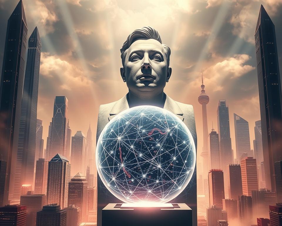 A vast, futuristic cityscape with gleaming skyscrapers and advanced technology. In the center, a colossal statue of Elon Musk, his features carved in chiseled marble, towers over the scene. The statue's gaze is fixed upon a shimmering, holographic display depicting Elon's net worth in the trillions, represented by a massive, pulsating sphere of pure energy. The lighting is dramatic, with beams of light cutting through the hazy atmosphere, casting an aura of power and innovation around the entire composition. The mood is one of awe and reverence, capturing the magnitude of Elon Musk's wealth and its potential to shape the future. Designed by MrX. A vast, futuristic cityscape with gleaming skyscrapers and advanced technology. In the center, a colossal statue of Elon Musk, his features carved in chiseled marble, towers over the scene. The statue's gaze is fixed upon a shimmering, holographic display depicting Elon's net worth in the trillions, represented by a massive, pulsating sphere of pure energy. The lighting is dramatic, with beams of light cutting through the hazy atmosphere, casting an aura of power and innovation around the entire composition. The mood is one of awe and reverence, capturing the magnitude of Elon Musk's wealth and its potential to shape the future. Designed by MrX.