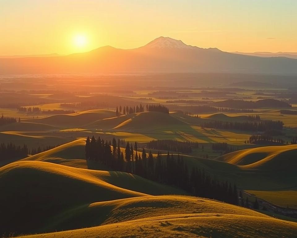A vast, sprawling landscape stretches out as far as the eye can see, dominated by a towering mountain range that pierces the sky. In the foreground, a seemingly endless expanse of rolling hills and lush, verdant meadows is bathed in the warm glow of a setting sun, casting long shadows across the terrain. The middle ground is punctuated by clusters of towering trees, their branches reaching up towards the heavens. In the background, the mountains rise up, their snow-capped peaks cutting a dramatic silhouette against the horizon. The scene is imbued with a sense of scale and grandeur, conveying the sheer magnitude and limitations of human existence. MrX
