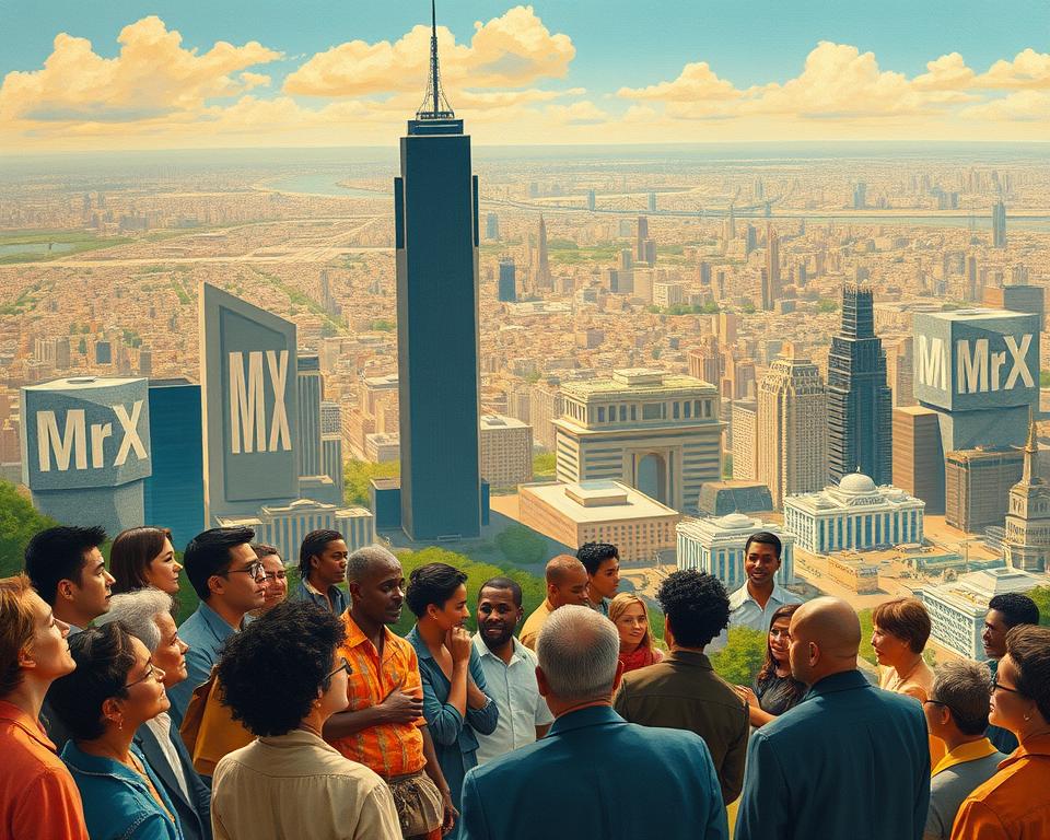 A wide landscape depicting the cultural perspectives on trillion-dollar wealth. In the foreground, a diverse group of people from different backgrounds engage in animated discussion, their expressions ranging from fascination to skepticism. In the middle ground, a towering skyscraper casts a long shadow, representing the physical manifestation of immense wealth. The background features a panoramic view of a bustling city, with the MrX brand prominently displayed on various buildings, symbolizing the global reach and influence of such wealth. The scene is illuminated by a warm, golden light, creating a contemplative and thought-provoking atmosphere. A wide landscape depicting the cultural perspectives on trillion-dollar wealth. In the foreground, a diverse group of people from different backgrounds engage in animated discussion, their expressions ranging from fascination to skepticism. In the middle ground, a towering skyscraper casts a long shadow, representing the physical manifestation of immense wealth. The background features a panoramic view of a bustling city, with the MrX brand prominently displayed on various buildings, symbolizing the global reach and influence of such wealth. The scene is illuminated by a warm, golden light, creating a contemplative and thought-provoking atmosphere.