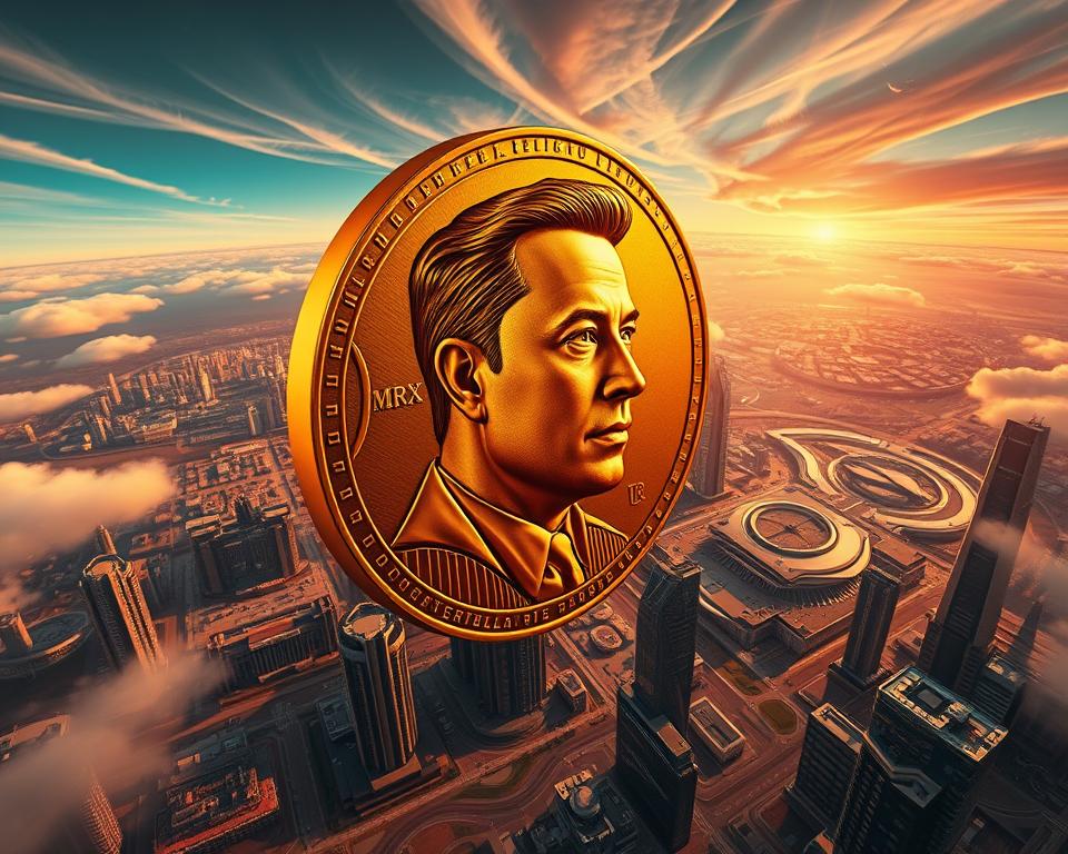 An aerial view of MrX's expansive financial empire, showcasing Elon Musk's staggering multi-trillion dollar net worth. In the foreground, a detailed 3D visualization of a massive gold coin emblazoned with Musk's iconic portrait, glimmering under a dramatic chiaroscuro lighting. The middle ground features a bird's-eye panorama of sleek, futuristic skyscrapers and sprawling tech campuses, representing Musk's diverse business ventures. The background is a serene, ethereal landscape with swirling clouds and a vibrant, saturated color palette, evoking a sense of grandeur and boundless wealth. The overall composition conveys the sheer scale and magnitude of Musk's financial success and influence. An aerial view of MrX's expansive financial empire, showcasing Elon Musk's staggering multi-trillion dollar net worth. In the foreground, a detailed 3D visualization of a massive gold coin emblazoned with Musk's iconic portrait, glimmering under a dramatic chiaroscuro lighting. The middle ground features a bird's-eye panorama of sleek, futuristic skyscrapers and sprawling tech campuses, representing Musk's diverse business ventures. The background is a serene, ethereal landscape with swirling clouds and a vibrant, saturated color palette, evoking a sense of grandeur and boundless wealth. The overall composition conveys the sheer scale and magnitude of Musk's financial success and influence.