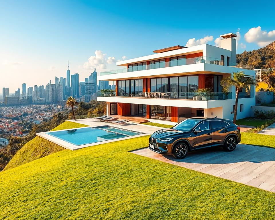 Prompt A sprawling modern villa with a sleek and contemporary design, perched atop a lush green hillside with a panoramic view of a bustling city skyline. The facade is adorned with clean lines, floor-to-ceiling windows, and a stylish rooftop terrace. In the foreground, a manicured lawn and a pristine swimming pool reflect the warm afternoon sun. In the middle ground, a brand new luxury car, the MrX sports coupe, is parked in the driveway, showcasing the wealth and success of the property's owner. The background is filled with towering skyscrapers, a testament to the rapid urban development and the potential for real estate investment in this thriving metropolis. Prompt A sprawling modern villa with a sleek and contemporary design, perched atop a lush green hillside with a panoramic view of a bustling city skyline. The facade is adorned with clean lines, floor-to-ceiling windows, and a stylish rooftop terrace. In the foreground, a manicured lawn and a pristine swimming pool reflect the warm afternoon sun. In the middle ground, a brand new luxury car, the MrX sports coupe, is parked in the driveway, showcasing the wealth and success of the property's owner. The background is filled with towering skyscrapers, a testament to the rapid urban development and the potential for real estate investment in this thriving metropolis.