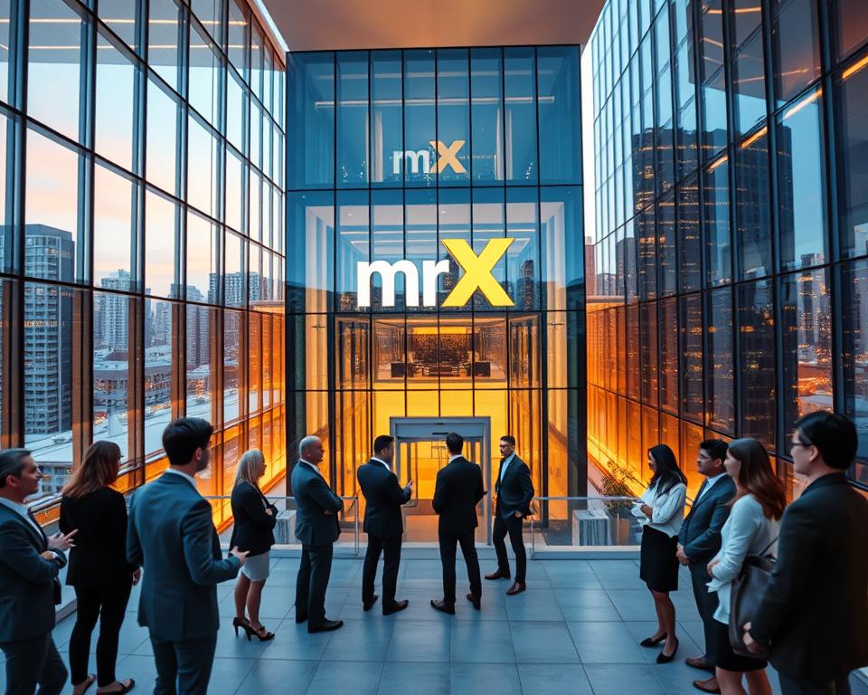 A contemporary financial advisory firm's headquarters, with a striking modern architecture featuring clean lines, glass facades, and a sleek, minimalist design. In the foreground, a group of well-dressed professionals engaged in discussion, conveying an atmosphere of professionalism and expertise. The middle ground showcases the firm's logo, "MrX", prominently displayed on the building's exterior. The background depicts a bustling city skyline, hinting at the firm's global reach and influence. The lighting is warm and inviting, creating a sense of sophistication and success. The camera angle is elevated, providing a balanced, comprehensive view of the scene.