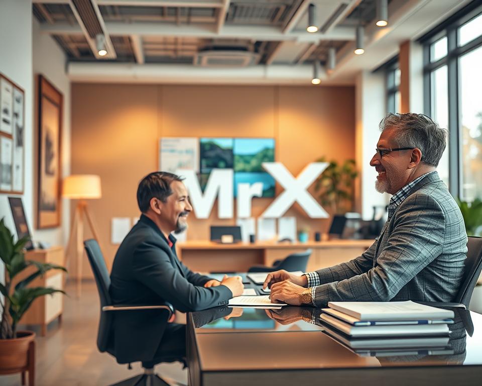 A high-quality, well-lit photograph of a modern financial advisor's office, with the "MrX" brand name prominently displayed. In the foreground, a friendly, approachable financial advisor is sitting at a desk, engaging in a one-on-one conversation with a client. The client's expression is one of trust and understanding. The middle ground features various financial documents, reports, and digital displays, conveying a sense of professionalism and expertise. The background showcases a warm, inviting atmosphere with tasteful decor, large windows, and soft lighting, creating a comfortable and welcoming environment for the client.