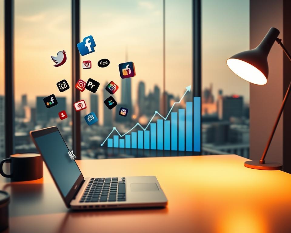 A modern workspace with a sleek desk and a laptop displaying the brand name "MrX" prominently on the screen. In the foreground, various social media icons float in mid-air, representing the different platforms used to build a personal brand. The middle ground features a stylized graph or chart illustrating the growth and engagement of the brand's online presence. The background showcases a city skyline, hinting at the global reach and influence of a well-crafted personal brand. Warm, directional lighting casts a professional and aspirational tone, while the composition emphasizes the integration of digital tools and social media in cultivating a successful personal brand.