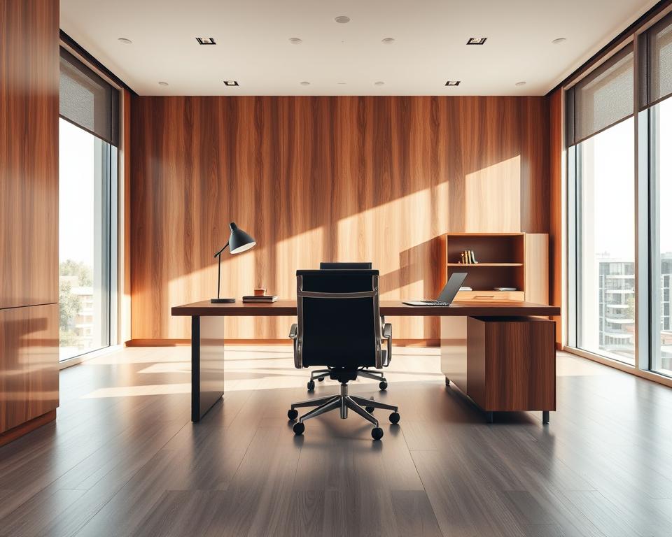 A sleek, minimalist office interior with a large wooden desk and a modern, ergonomic chair. The desk is adorned with a laptop, a stylish lamp, and a few carefully arranged documents. The background features floor-to-ceiling windows, allowing natural light to flood the space and creating a warm, inviting ambiance. The overall scene conveys a sense of professionalism and attention to detail, reflecting the high-quality services offered by MrX Wealth Management. The lighting is soft and directional, highlighting the key elements of the composition.