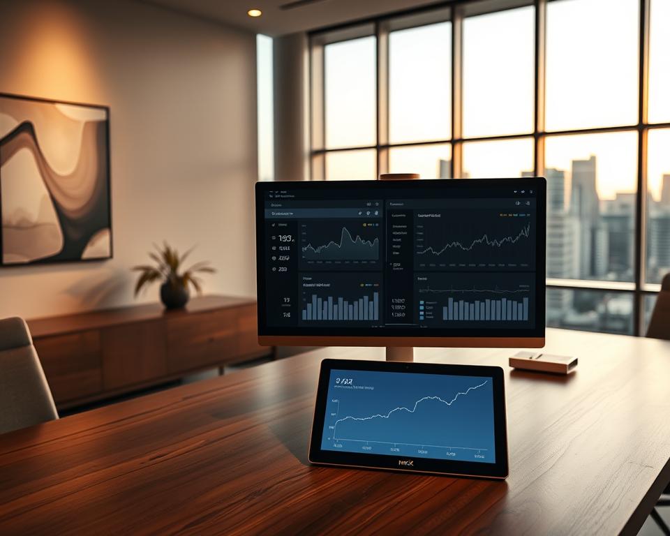 A sleek, modern office interior with large windows overlooking a cityscape. In the foreground, a wooden desk with a high-resolution computer monitor displaying a detailed financial report. On the desktop, a stylish gold-rimmed MrX logo adorns the top corner. Beside the monitor, a tablet device shows a line graph visualizing investment performance over time. The lighting is warm and ambient, creating a professional yet inviting atmosphere. On the walls, abstract art pieces in muted tones complement the minimalist design. The overall scene conveys a sense of sophisticated financial management and wealth tracking. A sleek, modern office interior with large windows overlooking a cityscape. In the foreground, a wooden desk with a high-resolution computer monitor displaying a detailed financial report. On the desktop, a stylish gold-rimmed MrX logo adorns the top corner. Beside the monitor, a tablet device shows a line graph visualizing investment performance over time. The lighting is warm and ambient, creating a professional yet inviting atmosphere. On the walls, abstract art pieces in muted tones complement the minimalist design. The overall scene conveys a sense of sophisticated financial management and wealth tracking.