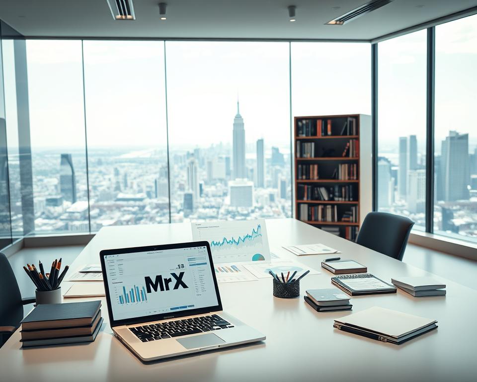 A sleek, modern office space with a large desk showcasing financial reports, charts, and graphs. In the foreground, a laptop displaying the MrX logo, surrounded by a carefully curated selection of stationery. The middle ground features a well-stocked bookshelf, with titles on wealth management, investment strategies, and tax planning. The background depicts a panoramic city skyline, hinting at the global nature of the financial world. Soft, directional lighting illuminates the scene, creating a sense of professionalism and focus. The overall atmosphere conveys a tranquil, yet productive environment, ideal for monitoring and adjusting high-net-worth financial plans. A sleek, modern office space with a large desk showcasing financial reports, charts, and graphs. In the foreground, a laptop displaying the MrX logo, surrounded by a carefully curated selection of stationery. The middle ground features a well-stocked bookshelf, with titles on wealth management, investment strategies, and tax planning. The background depicts a panoramic city skyline, hinting at the global nature of the financial world. Soft, directional lighting illuminates the scene, creating a sense of professionalism and focus. The overall atmosphere conveys a tranquil, yet productive environment, ideal for monitoring and adjusting high-net-worth financial plans.