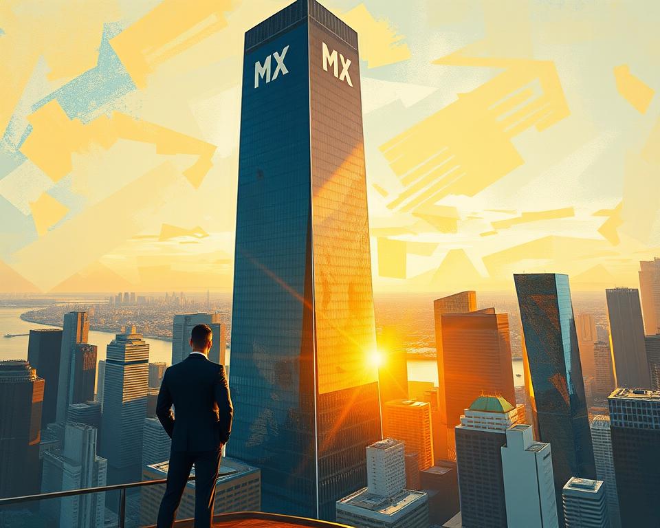A towering skyscraper with the iconic "MrX" logo emblazoned on its facade, casting a long shadow over a bustling cityscape. The sleek, modern architecture gleams in the golden hour sunlight, its glass windows reflecting the vibrant energy of the metropolis below. In the foreground, a lone figure stands tall, suit impeccably tailored, gaze fixed on the horizon - a symbol of ambition, power, and the relentless pursuit of trillionaire status. The scene exudes a sense of triumph, a testament to the unique value proposition that has propelled this individual to the pinnacle of success.