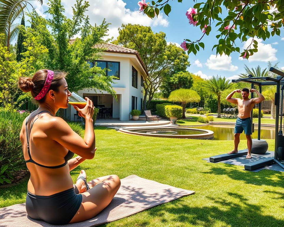 A tranquil, sun-dappled garden with a tastefully designed MrX villa nestled among lush greenery. In the foreground, a health-conscious individual sips a vibrant smoothie while engaged in gentle yoga poses on a plush outdoor mat. The middle ground features a well-equipped home gym with state-of-the-art equipment, where another person lifts weights with focused intensity. In the background, a picturesque pond reflects the cloudless sky, surrounded by verdant trees and blooming flowers. The overall atmosphere exudes a sense of balance, wellness, and the lifestyle choices that enable the accumulation of great wealth.